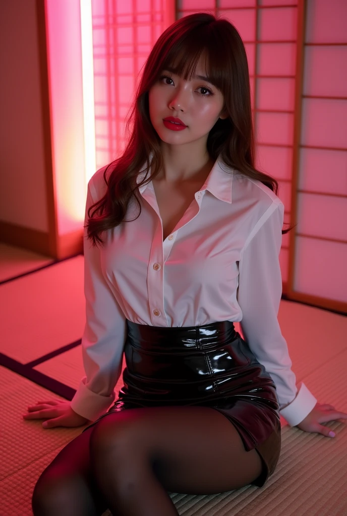 ((Japanese sexy idol)) Mature Woman ((Plump, bright red lips with lipstick)) Big Breasts Chubby round face Plump figure ((Brown hair with bangs)) ((Looking into the camera)) Sit with your legs apart ((White button-up shirt with black patent leather tight skirt and black stockings)) 布団の上にSit with your legs apart look down ((A bedroom with shoji and tatami mats lit up in pink neon lights))