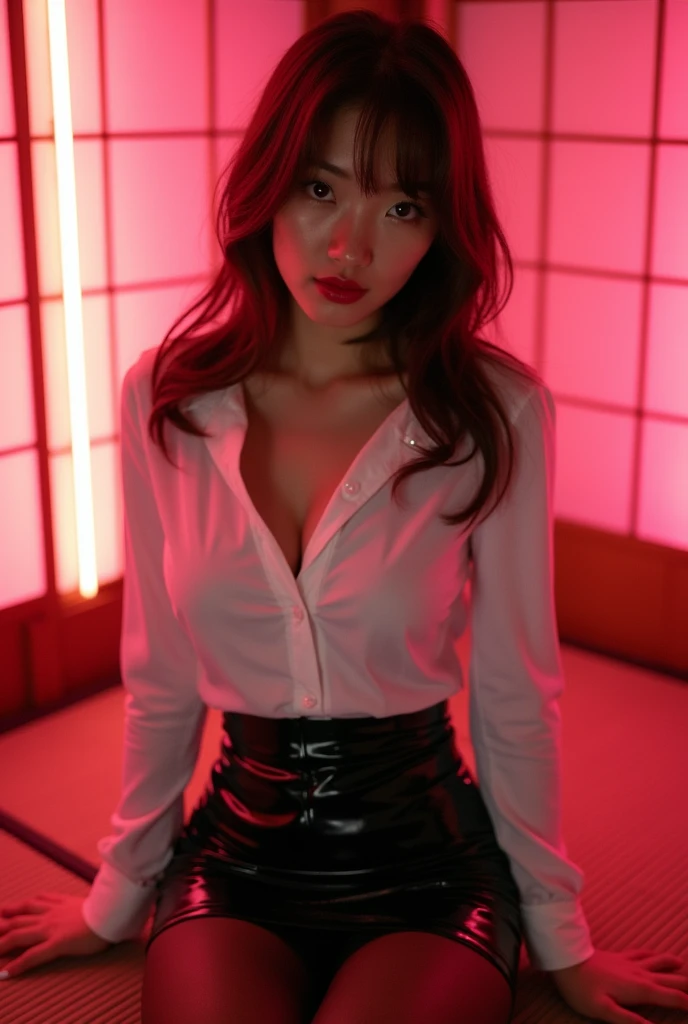 ((Japanese sexy idol))　Mature Woman　((Plump, bright red lips with lipstick))　Big Breasts　Chubby round face　Plump figure　((Brown hair with bangs))　((Looking into the camera))　Sit with your legs apart　((White button-up shirt with black patent leather tight skirt and black stockings))　　布団の上にSit with your legs apart　look down　((A bedroom with shoji and tatami mats lit up in pink neon lights))　