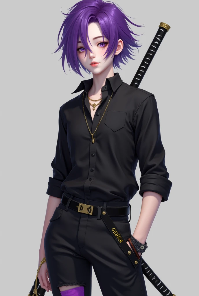 an 18 year old human with purple hair who is not muscular but not fat with white skin, purple eye color, black button down shirt, gold neck necklace, black pants with the sleeve at the end of the pants and shirt pulled up, shoes in rich black and a black sword with black wave details around his waist, a purple sock is a character.
