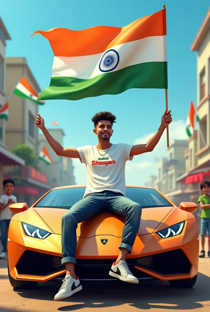 realistic Indian 19 year old boy sitting on Lamborghini car Holding Indian flag and celebrating India festival happy independence day with background of blue sky in Indian Street boy wearing pant, white t-shirt with name”SHIVAM”style hair on it by the way childrens are holding Indian flag playing round, smart, shoes, some children also playing, and someuncles drinking tea at a shop. also a text written “Happy independence day”at top, 3D art painting real photo wit high resol