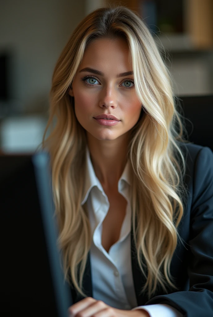 a beautiful girl with long blonde hair, detailed eyes, nose, and lips, wearing professional outfit, siting in her office, using her computer, hp comuter (best quality,4k,8k,highres,masterpiece:1.2),ultra-detailed,(realistic,photorealistic,photo-realistic:1.37),HDR,studio lighting,extremely detailed face and body, portrait,cinematic lighting,dramatic lighting,warm color tones,dramatic colors