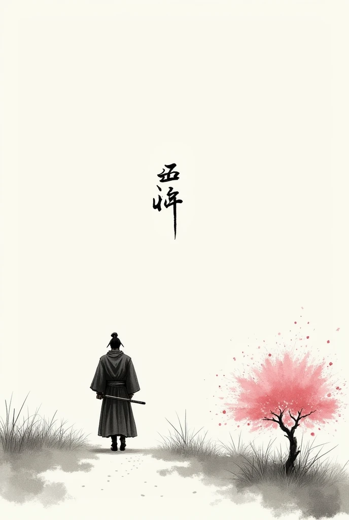 black and white drawing in Japanese style, Samurai in the distance (man, adult person) with a sword at his waist walking on a path through a field, a single pink cherry blossom tree nearby, The picture above shows a Japanese kanji "quiet". Everything is harmonious around