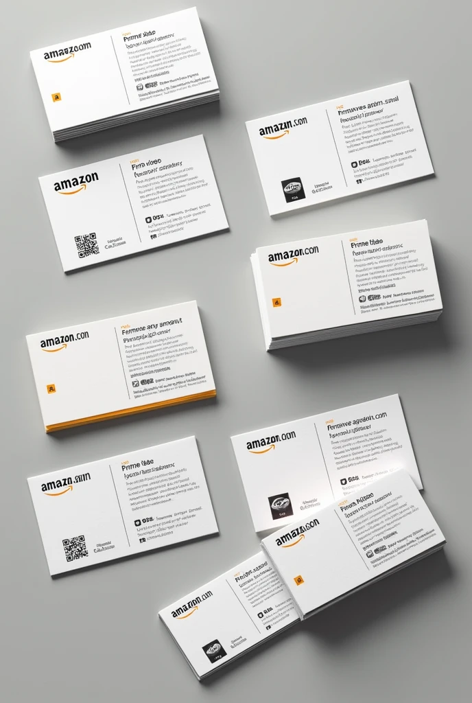 4 amazon business cards (Prime Video, Amazon store, kindle, amazon music)
there must be a name, qr code, email, cool phrase number each 1 with the respective concept (Farbe, reference), must be lying down, front and back