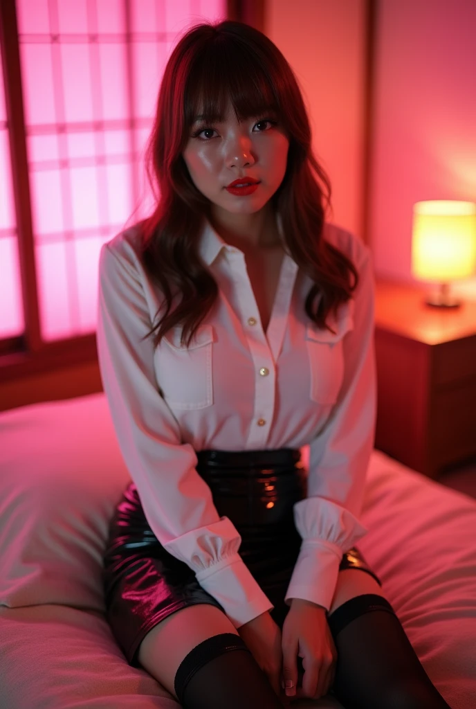 ((Japanese sexy idol)) Mature Woman ((Plump, bright red lips with lipstick)) Big Breasts Chubby round face Plump figure ((Brown hair with bangs)) ((Looking into the camera)) Sit with your legs apart ((White button-up shirt with black patent leather tight skirt and black stockings)) 布団の上にSit with your legs apart look down ((A bedroom with shoji and tatami mats lit up in pink neon lights))