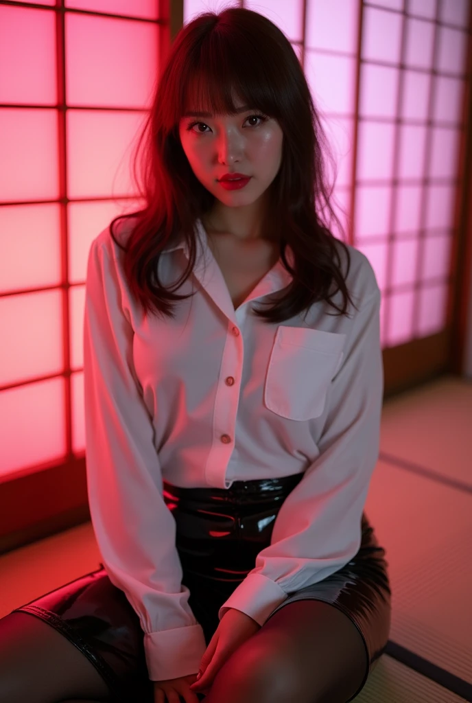 ((Japanese sexy idol)) Mature Woman ((Plump, bright red lips with lipstick)) Big Breasts Chubby round face Plump figure ((Brown hair with bangs)) ((Looking into the camera)) Sit with your legs apart ((White button-up shirt with black patent leather tight skirt and black stockings)) 布団の上にSit with your legs apart look down ((A bedroom with shoji and tatami mats lit up in pink neon lights))