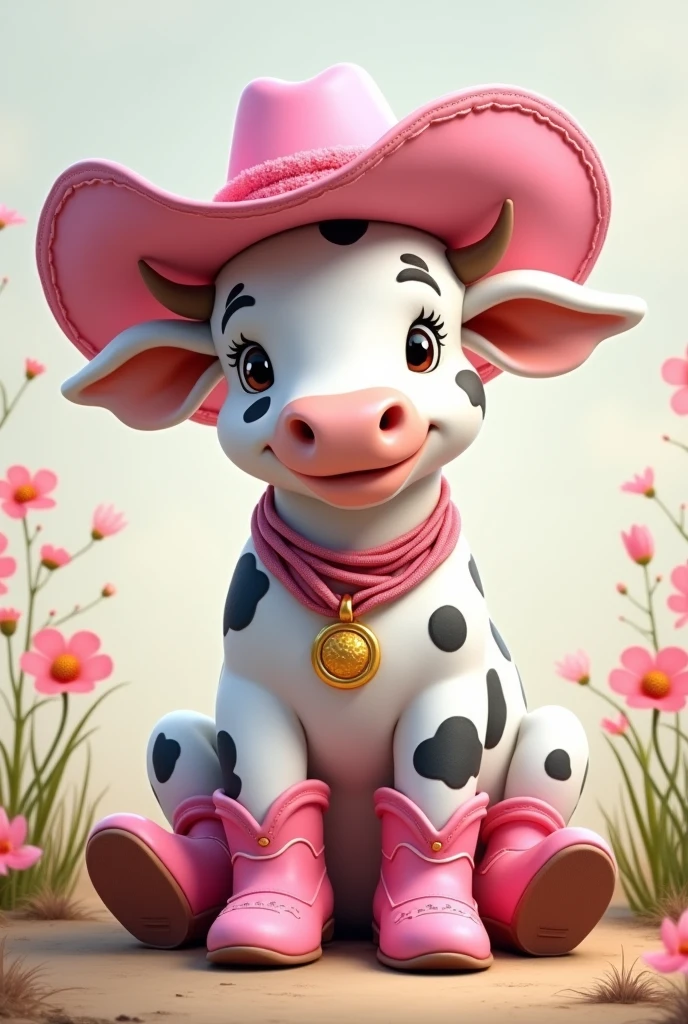 White cow sitting with black spots, pink cowboy hat and pink boots. 