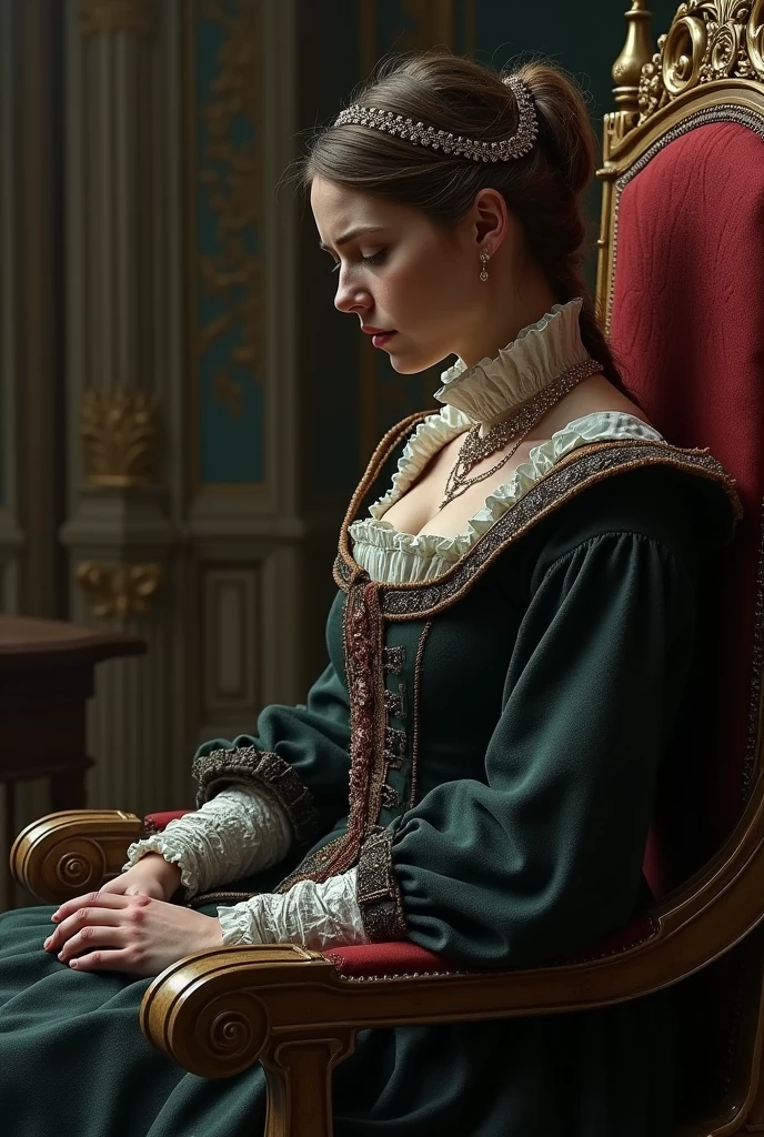 Queen in medieval clothing sitting with her hands on her head, is on its side, Only the profile is visible, She is looking down, She is sitting on a chair, His left breast is visible., you can see his full body, with a queen's chair, Profile, no se le ve la cara porque is on its side, it has long sleeves, YOU CAN'T SEE ITS HEAD, if both hands on the head