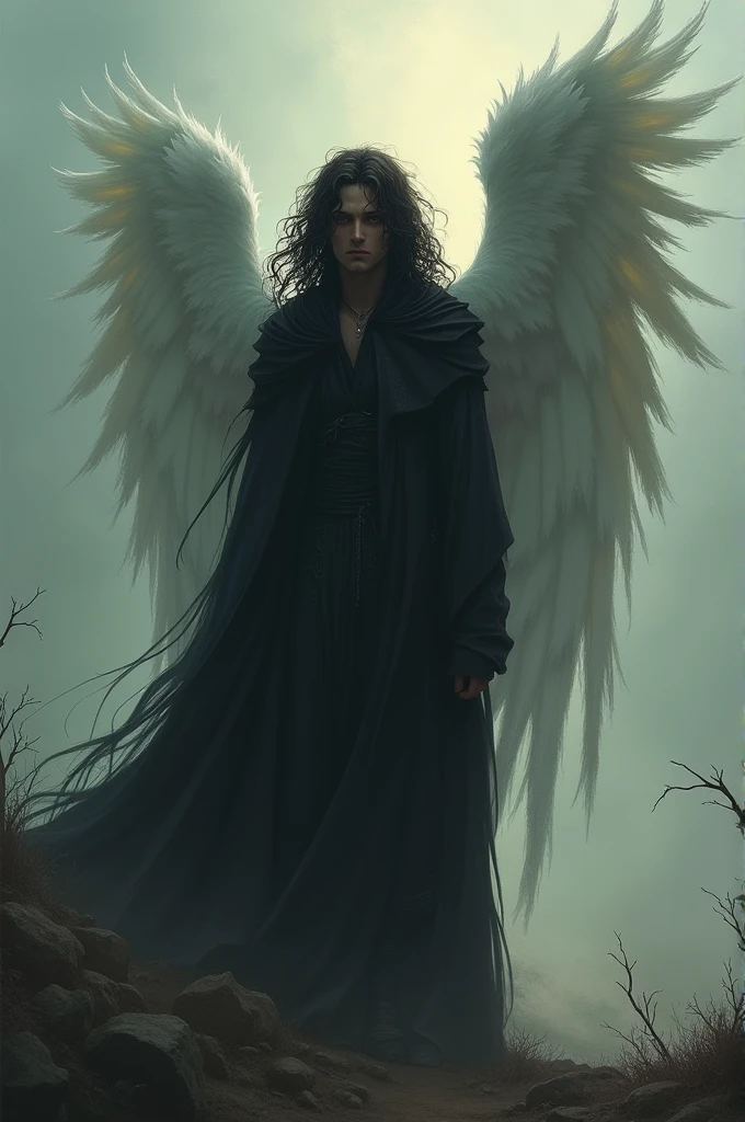 fallen angel man with long curly hair seen from afar