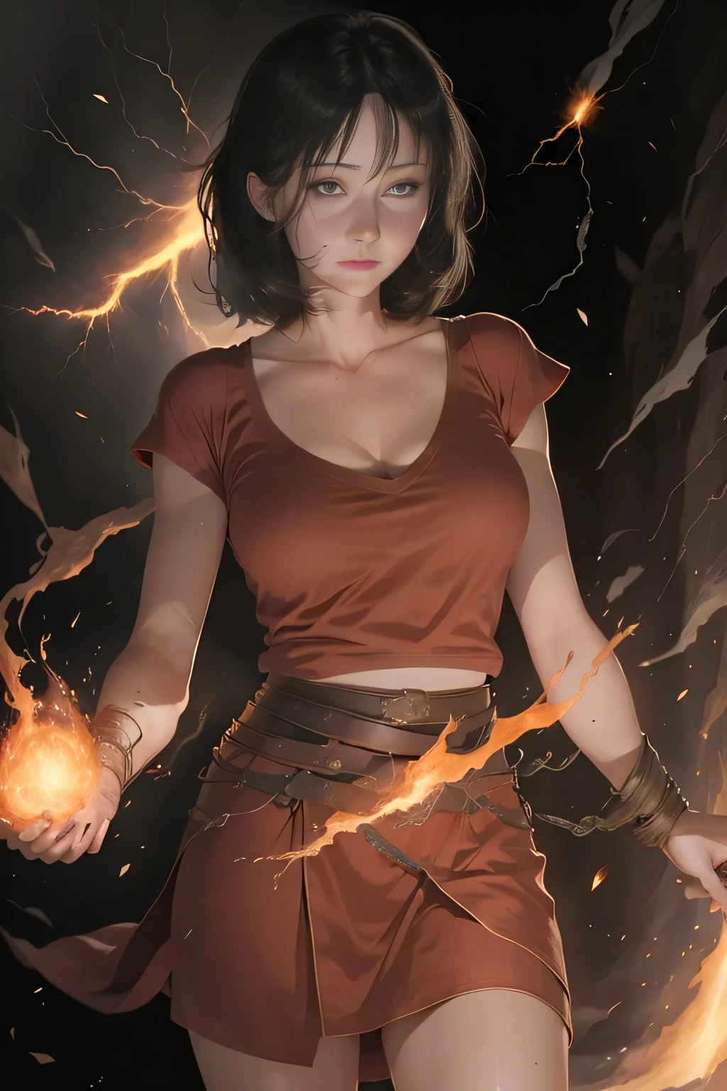 1 beautiful woman "Shannen Doherty"，(Caucasian skin)， fire storm, Lightning in the hand, a skirt,glowing light eyes，light in eyes