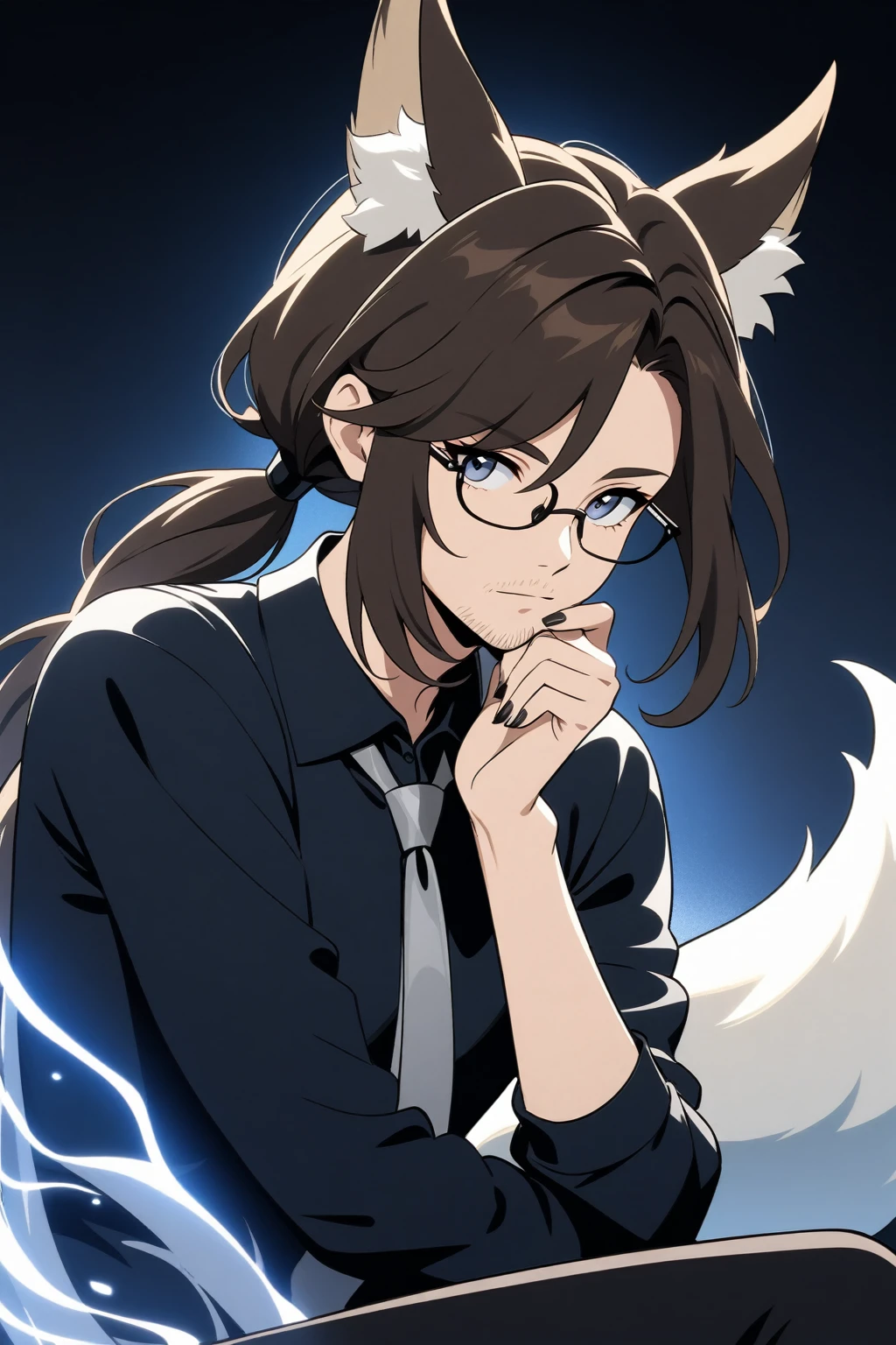 Genshin Impact art style, solo, fair-skinned kitsune older man, very large fox ears, (no visible human ears: 1.3), shoulder-length low ponytail hairstyle, large hair intakes, dark brown hair, (hair covering ears: 1.4), stubble facial hair, (angular dark blue eyes: 1.2), black square bottom-rimmed eyeglasses, black nails, calm neutral expression, looking away from viewer, (black and white collared polo shirt: 1.2), (silver tie: 1.1), dynamic sitting pose, (hand on chin: 1.1), dark blue flowing aura, dark gradient background, (dark lighting: 1.3)