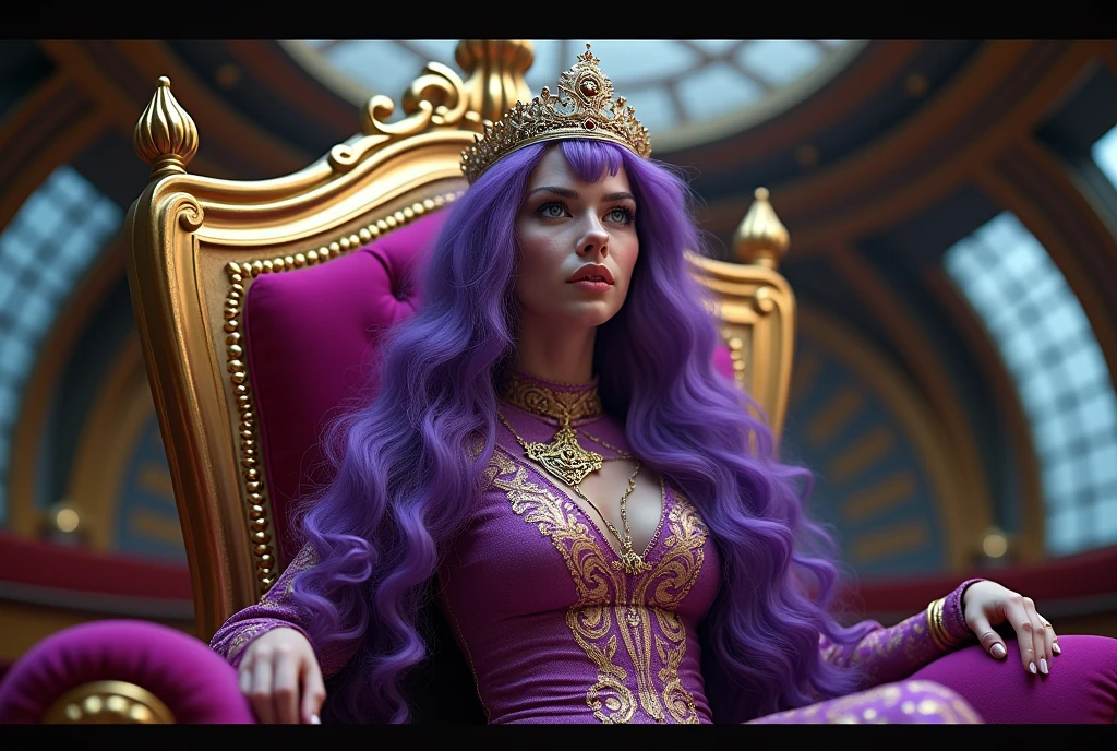 Rei de purple hair sentando em um trono, interior of futuristic ship, Interstellar. 8k, extraterrestrial, gold on the wall, purple hair