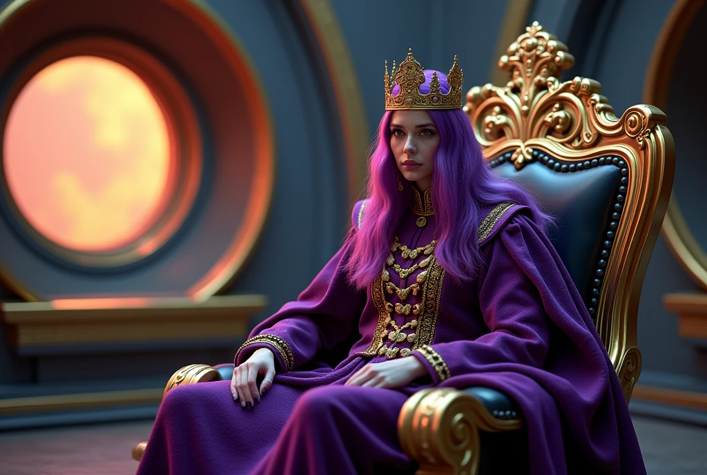 Rei de purple hair sentando em um trono, interior of futuristic ship, Interstellar. 8k, extraterrestrial, gold on the wall, purple hair