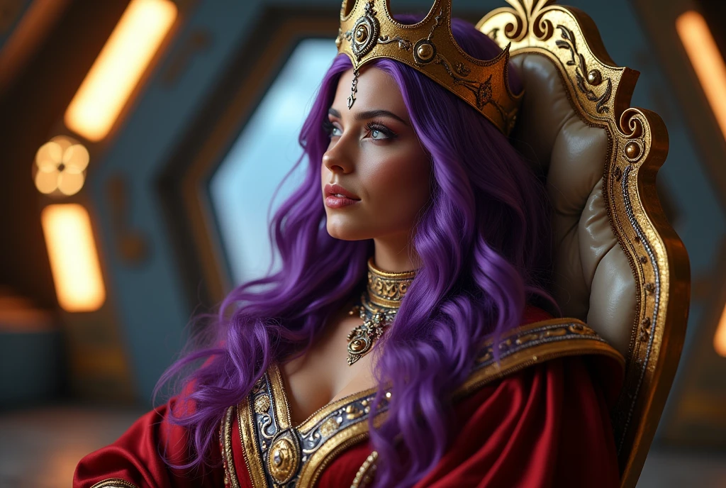 Rei de purple hair sentando em um trono, interior of futuristic ship, Interstellar. 8k, extraterrestrial, gold on the wall, purple hair