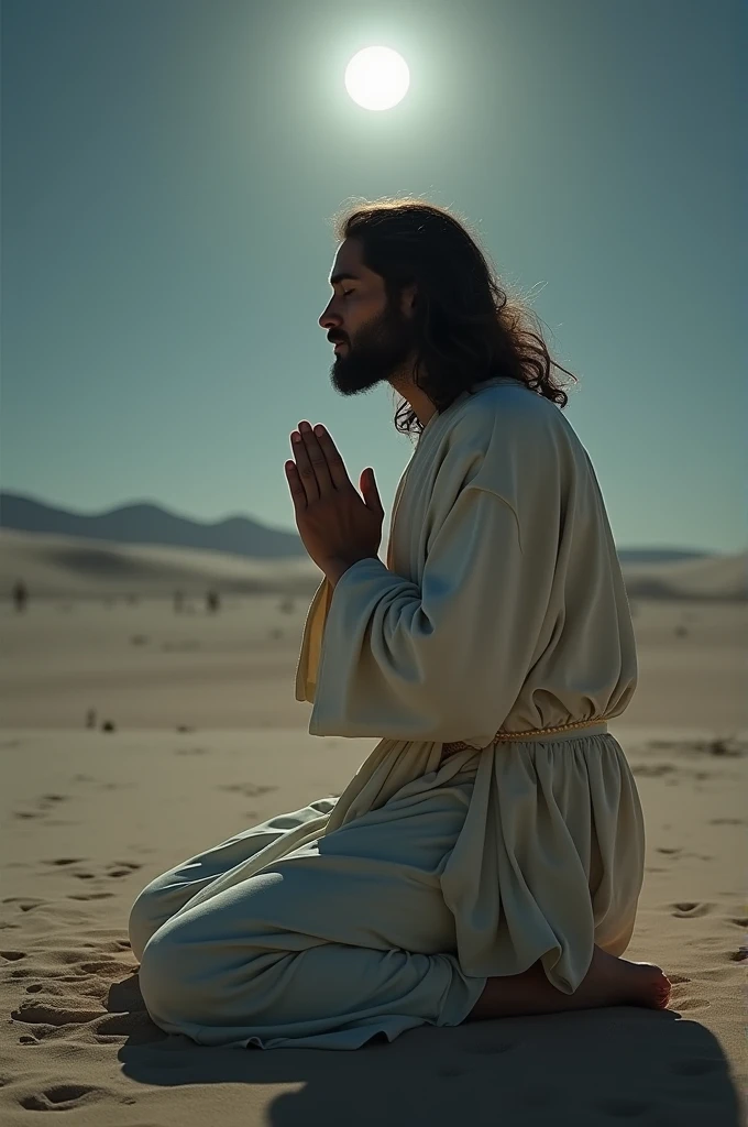 Jesus is kneeling in solitude, hands clasped together, eyes closed in deep prayer. His robe is simple, glowing softly in the moonlight. The background is a barren desert, emphasizing His peaceful and reflective nature.