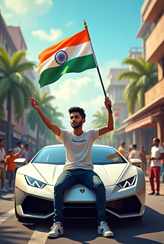 realistic Indian 19 year old boy sitting on Lamborghini car Holding Indian flag and celebrating India festival happy independence day with background of blue sky in Indian Street boy wearing pant, white  t-shirt with name”SHIVAM”style hair on it by the way childrens are holding Indian flag playing round, smart, shoes, some children also playing, and someuncles drinking tea at a shop. also a text written “Happy independence day”at top, 3D art painting real photo wit high resol
