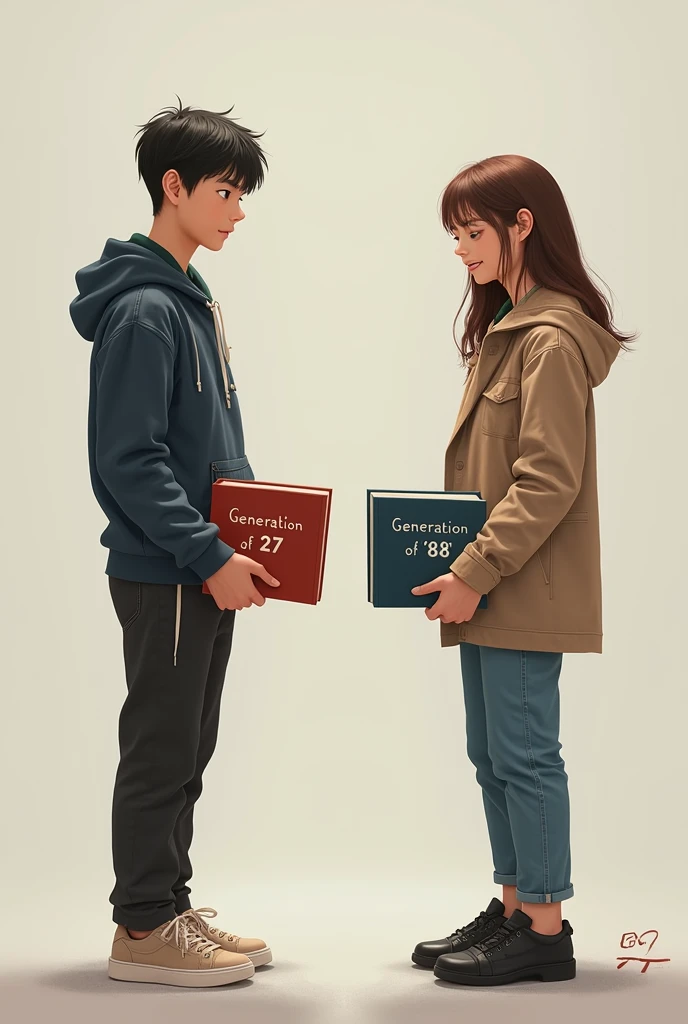 Make an image where there is a person with a book that says on the cover "Generation of 27" and another person who has a book that says on the cover "Generation of '98"