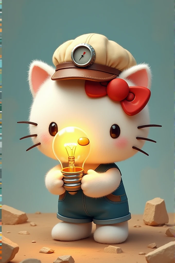 Hello Kitty holding a light bulb and wearing an engineer's hat
