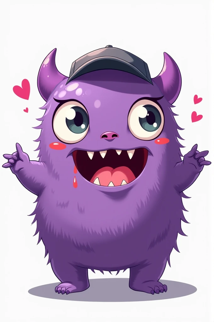 A cute little purple monster, happy with its mouth open and tongue sticking out in an ahegao style, drooling and posing as if trying to scare someone. It's wearing skater-style gangster clothes and a cap., artwork style: アニメ