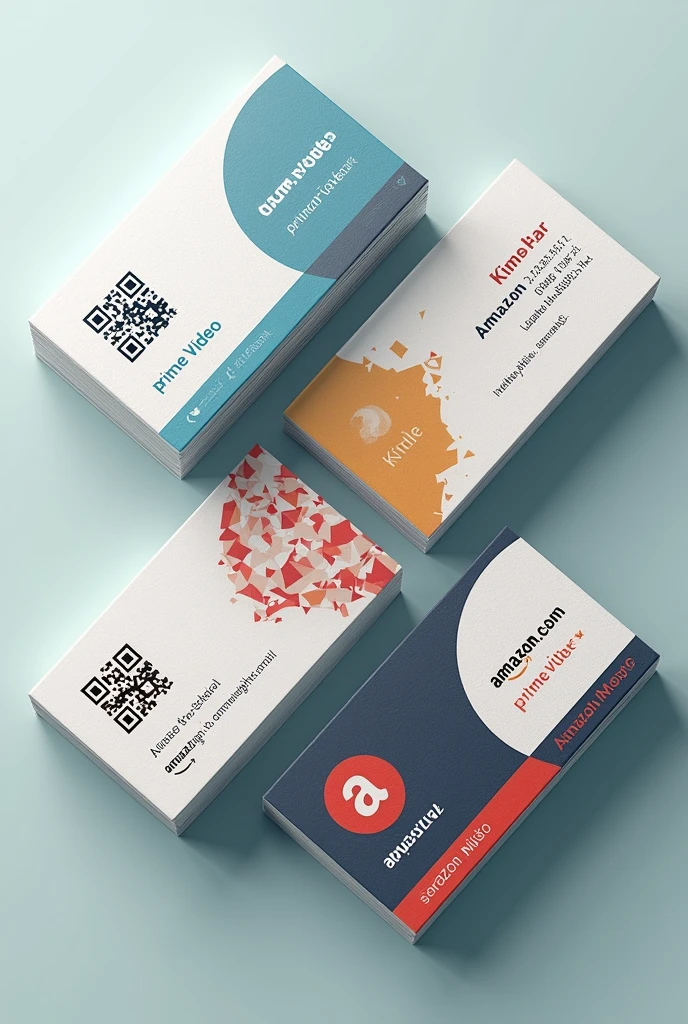 4 amazon business cards (Prime Video, Amazon store, kindle, amazon music)

there must be a name, qr code, email, cool phrase number each 1 with the respective concept (Farbe, reference), must be lying down, frente e verso

cada 1 com uma Farbe diferentw