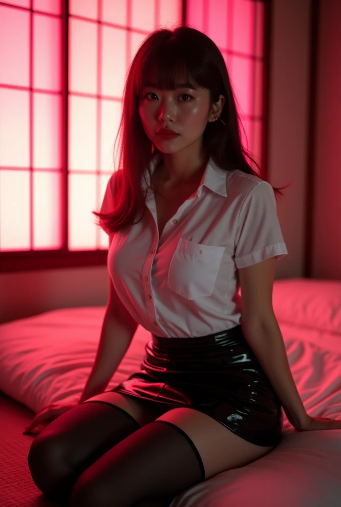 ((Japanese sexy idol))　Mature Woman　((Plump, bright red lips with lipstick))　Big Breasts　Chubby round face　Plump figure　((Brown hair with bangs))　((Looking into the camera))　Sit with your legs apart　((White button-up shirt with black patent leather tight skirt and black stockings))　Sweaty skin　　布団の上にSit with your legs apart　look down　((A bedroom with shoji and tatami mats lit up in pink neon lights))　