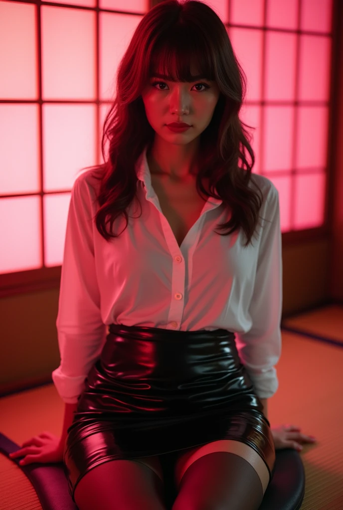 ((Japanese sexy idol)) Mature Woman ((Plump, bright red lips with lipstick)) Big Breasts Chubby round face Plump figure ((Brown hair with bangs)) ((Looking into the camera)) Sit with your legs apart ((White button-up shirt with black patent leather tight skirt and black stockings)) Sweaty skin 布団の上にSit with your legs apart look down ((A bedroom with shoji and tatami mats lit up in pink neon lights))