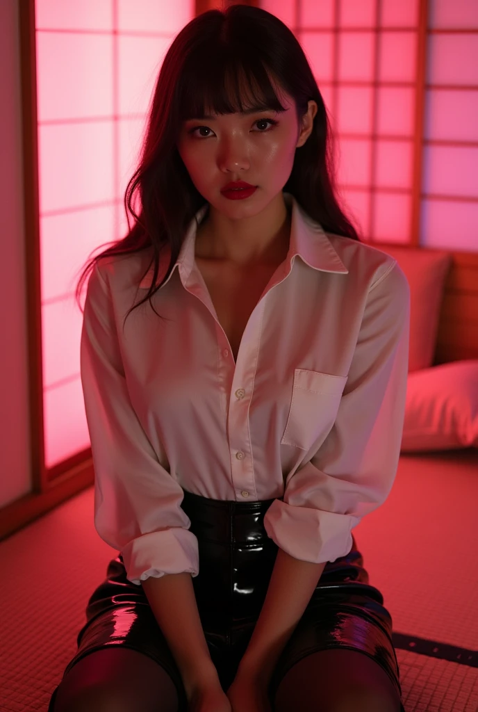 ((Japanese sexy idol)) Mature Woman ((Plump, bright red lips with lipstick)) Big Breasts Chubby round face Plump figure ((Brown hair with bangs)) ((Looking into the camera)) Sit with your legs apart ((White button-up shirt with black patent leather tight skirt and black stockings)) Sweaty skin 布団の上にSit with your legs apart look down ((A bedroom with shoji and tatami mats lit up in pink neon lights))