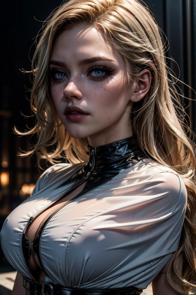 cowboy shot,a pretty 21 year old girl,blond hair,blue eyes,lora_Emma,slim athletic body,tight and stretched white blouse with buttons,button gap,short sleeves,black latex pants,metal belt,empty studio,(best quality,4k,8k,highres,masterpiece:1.2),ultra-detailed,(realistic,photorealistic,photo-realistic:1.37),dramatic lighting,cinematic,fashion photography,studio lighting,high contrast,vivid colors,beautiful detailed eyes,beautiful detailed lips,extremely detailed eyes and face,long eyelashes, touching hair