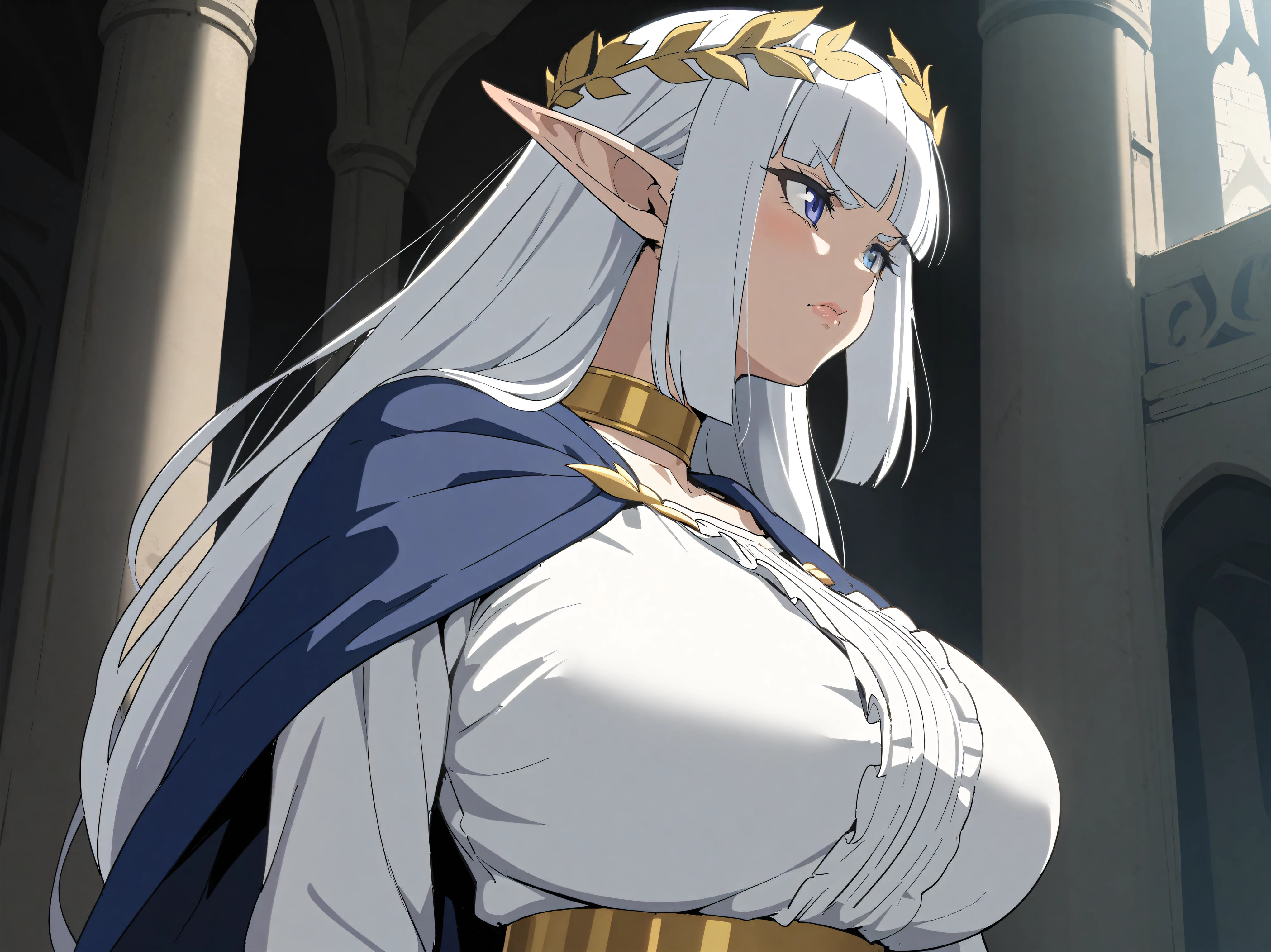 {{trunk, from sideways}} {{artist: sincos}} 1 girl, standing alone, mature woman, Leprechaun, pointy ears, silver hair, long hair, Blunt bangs, slickedback hair, blue colored eyes, long eyelashes, thick eyebrows, lips, Breasts huge, face neutral, scowl, white gown, dress with ruffles, gold belt, golden laurel wreath, gold choker, blue cloak, looking straight ahead, ass pov, standing, Inside the house, Palace, medieval fantasy.