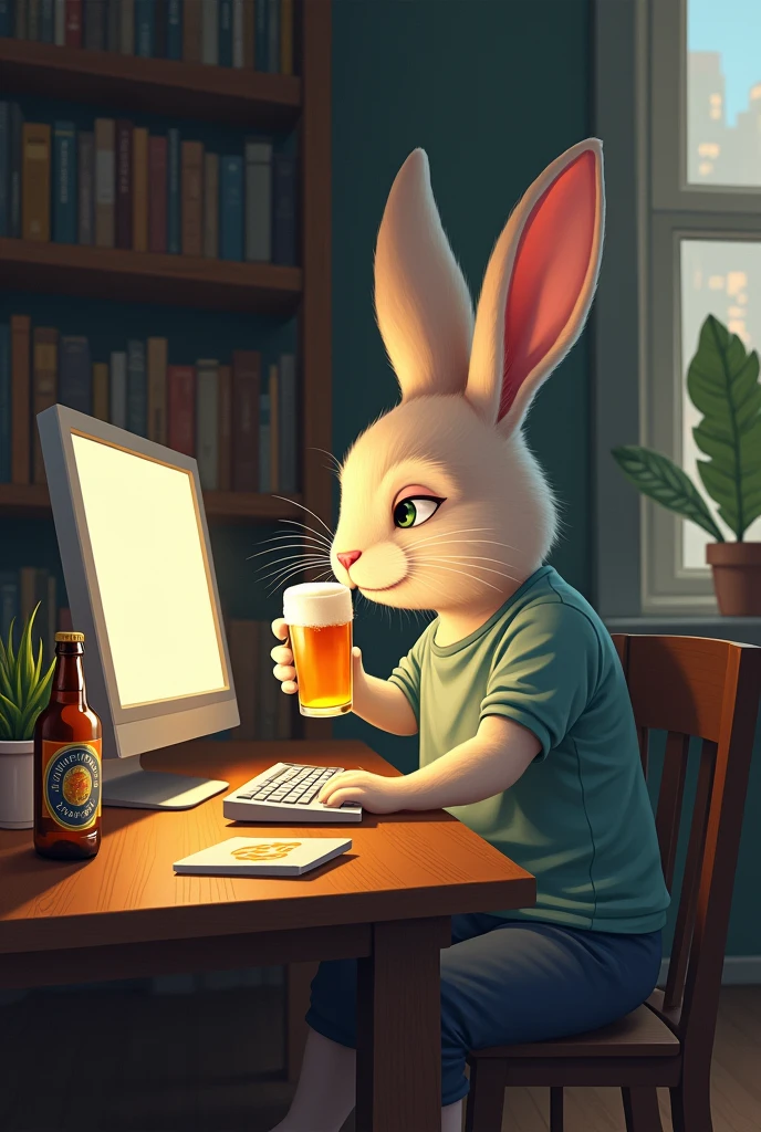 Rabbit roux qui fait de l'ordinateur et qui boit une biere