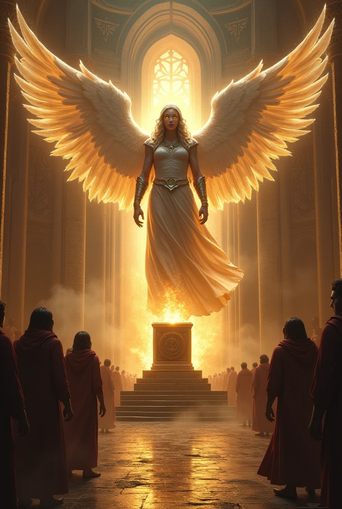 Giant male angel with golden robe and a giant golden sword in his hand and the angel raises the sword above his head the angel is standing next to a stone pool of water ,Behind the angel there is a crowd of people, men and women smiling, dressed in white, and in front of the angel there are demons that cannot pass.