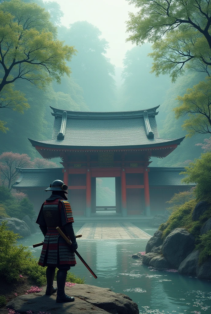 Immerse yourself in the tranquil beauty of traditional Japan with this captivating wallpaper. At the heart of the scene stands an ancient shrine, its weathered wooden beams and intricately carved details evoking a sense of timeless reverence. The shrine, adorned with vibrant red torii gates, is nestled amidst a lush, mist-shrouded forest, where soft rays of sunlight filter through the dense canopy, casting an ethereal glow on the sacred grounds.
In the foreground, a lone samurai clad in elegant, intricately designed armor stands as a silent guardian. The samurai’s stance is both poised and contemplative, embodying the quiet strength and disciplined spirit of the warrior class. His traditional armor, adorned with detailed patterns and vibrant colors, contrasts strikingly against the serene backdrop of the shrine.
The scene is framed by a gently flowing river that mirrors the vibrant hues of the shrine and the armor, creating a harmonious balance between nature and heritage. The delicate interplay of light and shadow adds depth and dimension to the composition, while subtle hints of cherry blossoms scattered across the ground enhance the overall sense of peaceful elegance.
This wallpaper captures a moment of serene reflection and timeless beauty, making it a perfect addition to any space seeking to evoke a sense of historical grandeur and tranquil solitude.