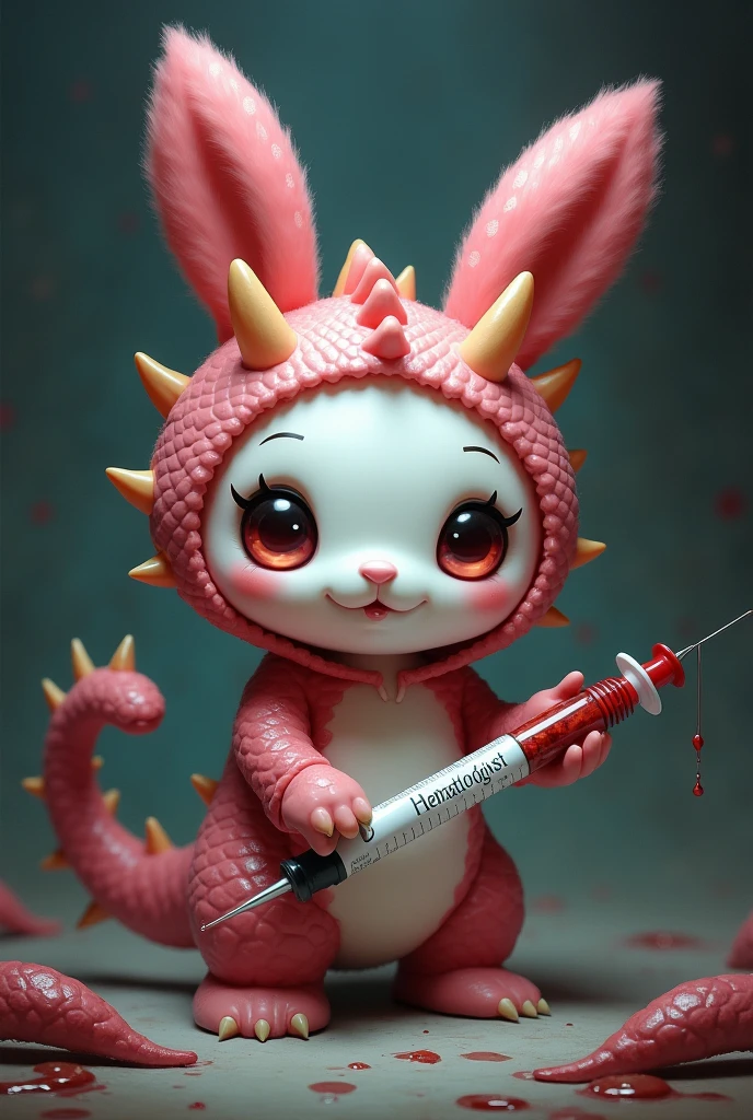 My Melody bunny dressed as a dragon with a blood sample in her hand and a syringe that says 'Hematologist' at the bottom of the image. 