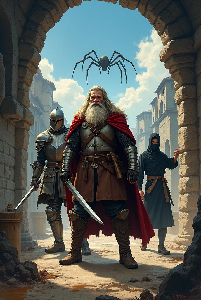 Create a movie poster using oil painting technique. The poster must bear the title of "Mines of Phandelver". It gives the feeling of being dynamic with a lot of action and fun. There are 4 characters on the poster: a bearded dwarf in the center and to the left, In the center is a knight in shining armor holding a long sword, In the center and to the right there is a monk practicing Kung fu doing a kata, and in the center behind there is a ninja in black clothes hidden in the shadows. We can see a water well with an owl, an entrance to a mine, a medieval town. Even in the background, the silhouette of a spider is blurred behind all these elements.