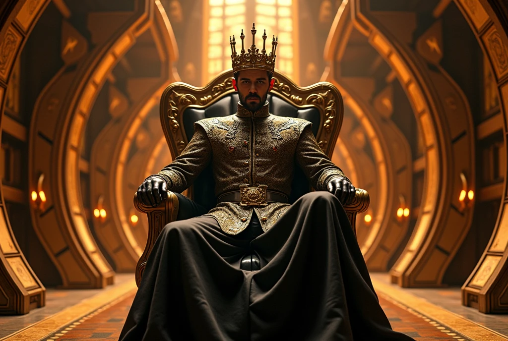 King sitting on a throne, interior of futuristic ship, Interstellar. 8k, extraterrestrial, gold on the wall