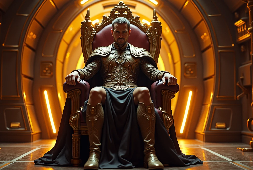 King sitting on a throne, interior of futuristic ship, Interstellar. 8k, extraterrestrial, gold on the wall
