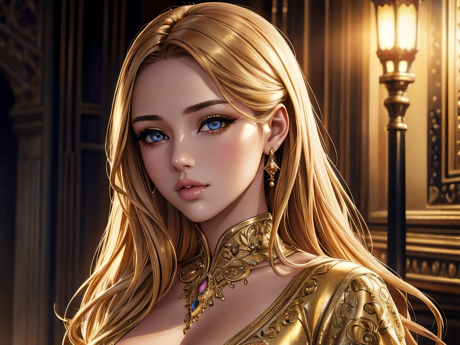 Masterpiece, High quality, 4K, beautiful design, shine, from the front, award winning pictures, very detailed, miraculous, great details, nonsense, High profile woman, very detailed eyes and face,  alone, 1 girl, darling, shiny, big girl, wife, sparkling fabric, decorated with gems, visible windshield , woman wearing a wife, Pose inside a castle with oriental architecture., gold embroidery,  
