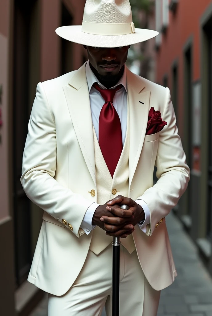 Zé pelintra, trickster, Bohemia, dressed elegantly in a white suit, White pants, white shirt and white hat with a long red tie. black male, stark, flirt, charming, smiling but with a mysterious air, with head down, slightly hidden by the Panama hat. 
black male, stark, flirt, holding a cane with interlocked hands, positioned front 
