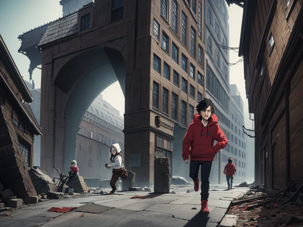A narrow, dark street, illuminated by the faint, ghostly glow of the full moon. Decaying buildings loom on either side, their windows like empty eyes watching the chaos unfold below. A 20-year-old boy, with features and style similar to the character in the first image (spiky black hair, expressive eyes, and a hoodie), runs desperately towards the viewer. His face is contorted in a mixture of panic and determination as he dodges debris and tries to stay ahead of the horde. Behind him, only a few steps away, a horde of shambling zombies closes in, their decaying bodies a grotesque mass of rotting flesh and exposed bones. Their milky eyes burn with an insatiable hunger, their mouths agape revealing rows of jagged, yellowed teeth. In the background, leaning against a wrecked car, a woman with the appearance and style of the second image (long brown hair, mature features, and a striking smile) watches the chase with delight. Her eyes gleam with sadistic pleasure as she cackles, amused by the boy's desperation. She wears elegant clothes, contrasting with the surrounding scenery of destruction, and holds a smartphone in her hand, perhaps filming the scene or taunting the boy as he fights for his life.