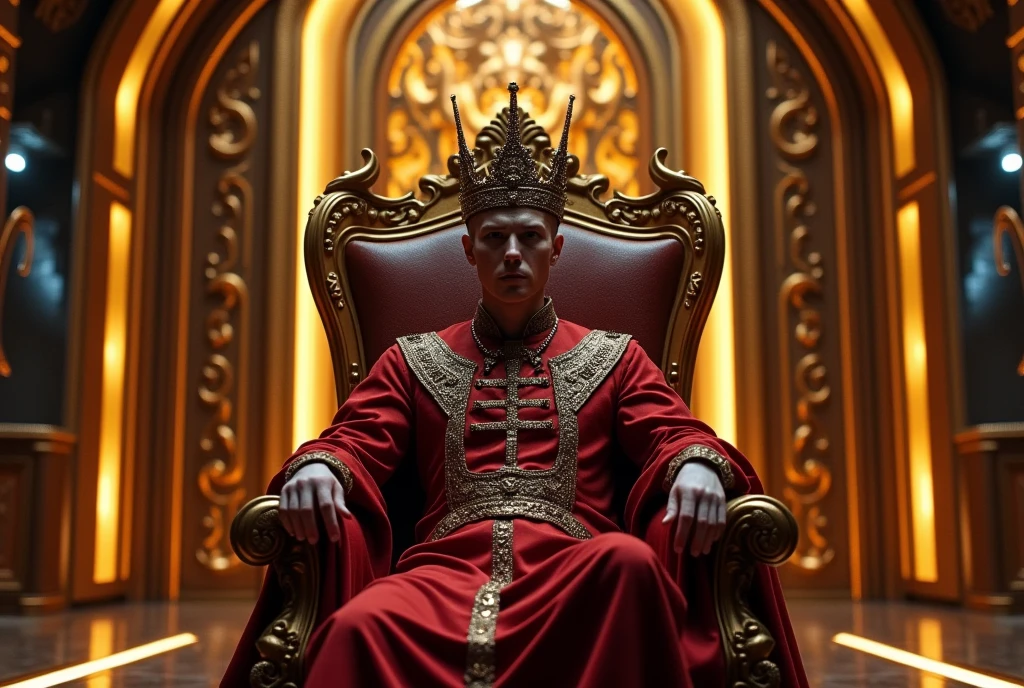 King sitting on a throne, interior of futuristic ship, Interstellar. 8k, extraterrestrial, gold on the wall
