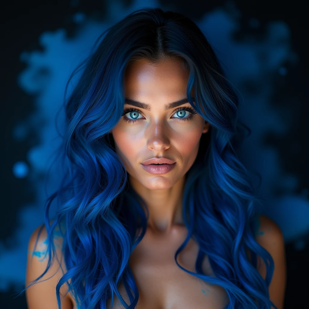 Beautiful biracial latina woman , blue long wavy hair, blue light eyes , lay on blue powder explosion, black background ,