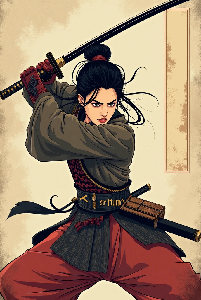 Traditional woodblock samurai female attacking with sword