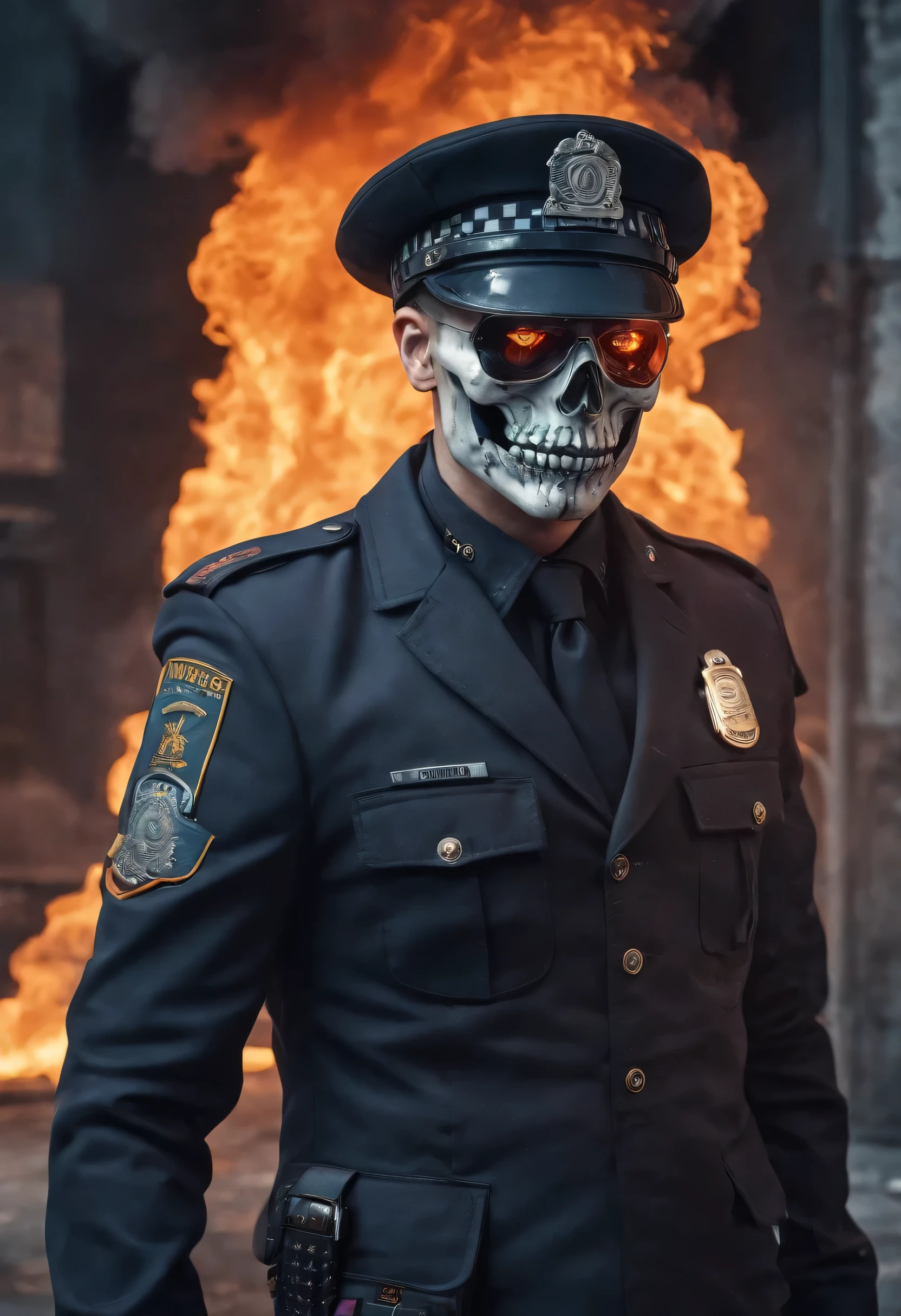 Policeman with a skull face, bright burning eyes, burning penitentiary background, ultra-detailed background Biomechanics, strange, scary, Nightmare, very bright colors, light particles, with bright light, Mshiff, Wallpaper art, Wallpaper UHD wall, no double face, no error.