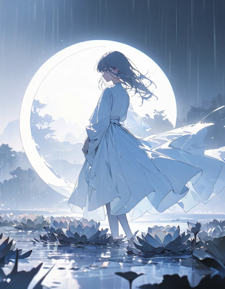 A mystical figure walking through a tranquil, dreamlike landscape at night, bathed in the soft light of a crescent moon, The ground is wet from a light, steady rain, with small puddles reflecting the moonlight, As the figure moves forward, delicate lotus flowers bloom in their wake, floating on the surface of the water, The atmosphere is peaceful and ethereal, with the figure's silhouette blending into the misty, rain-soaked surroundings, The overall color palette is a mix of deep blues, soft purples, and silver highlights, creating a sense of calm and otherworldly beauty, ((Masterpiece)), ((best quality)), (super detail:1.2), (High Definition:1.3), ((extremely detailed)), (8K), (Professional Photography:1.2), (very aesthetic:1.2), (absurdres:1.2), (flat color), (flat shading), (sharp focus), (perfect light), (drop shadow), ((1girl)),(detailed background:1.2), (newest), clear line,