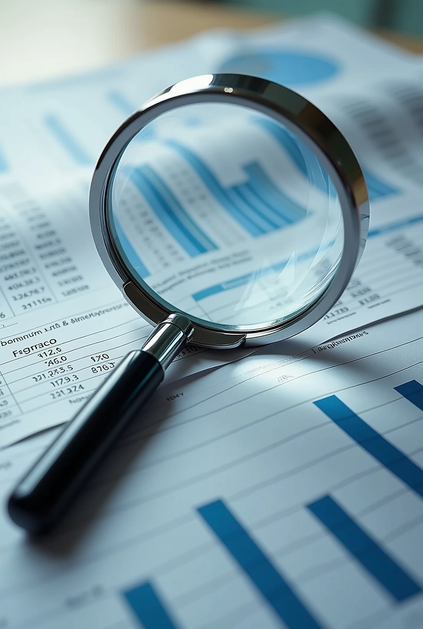 A magnifying glass over a financial report