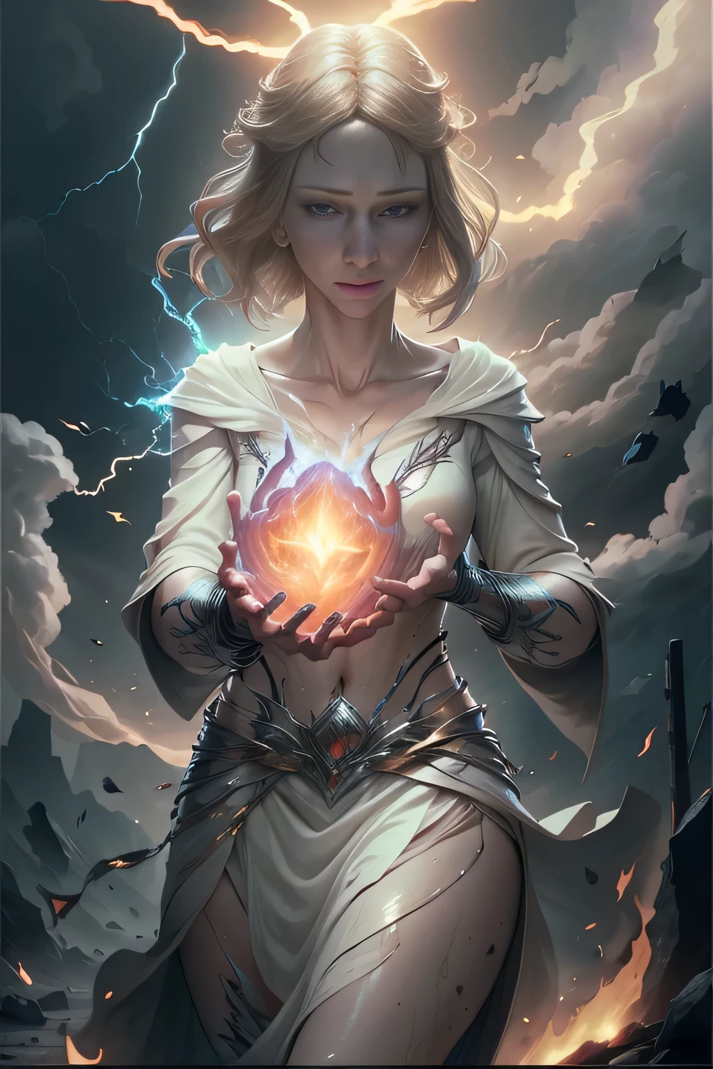 1 beautiful woman "Cate Blanchett"，(Caucasian skin)， fire storm, Lightning in the hand, a skirt,glowing light eyes，light in eyes