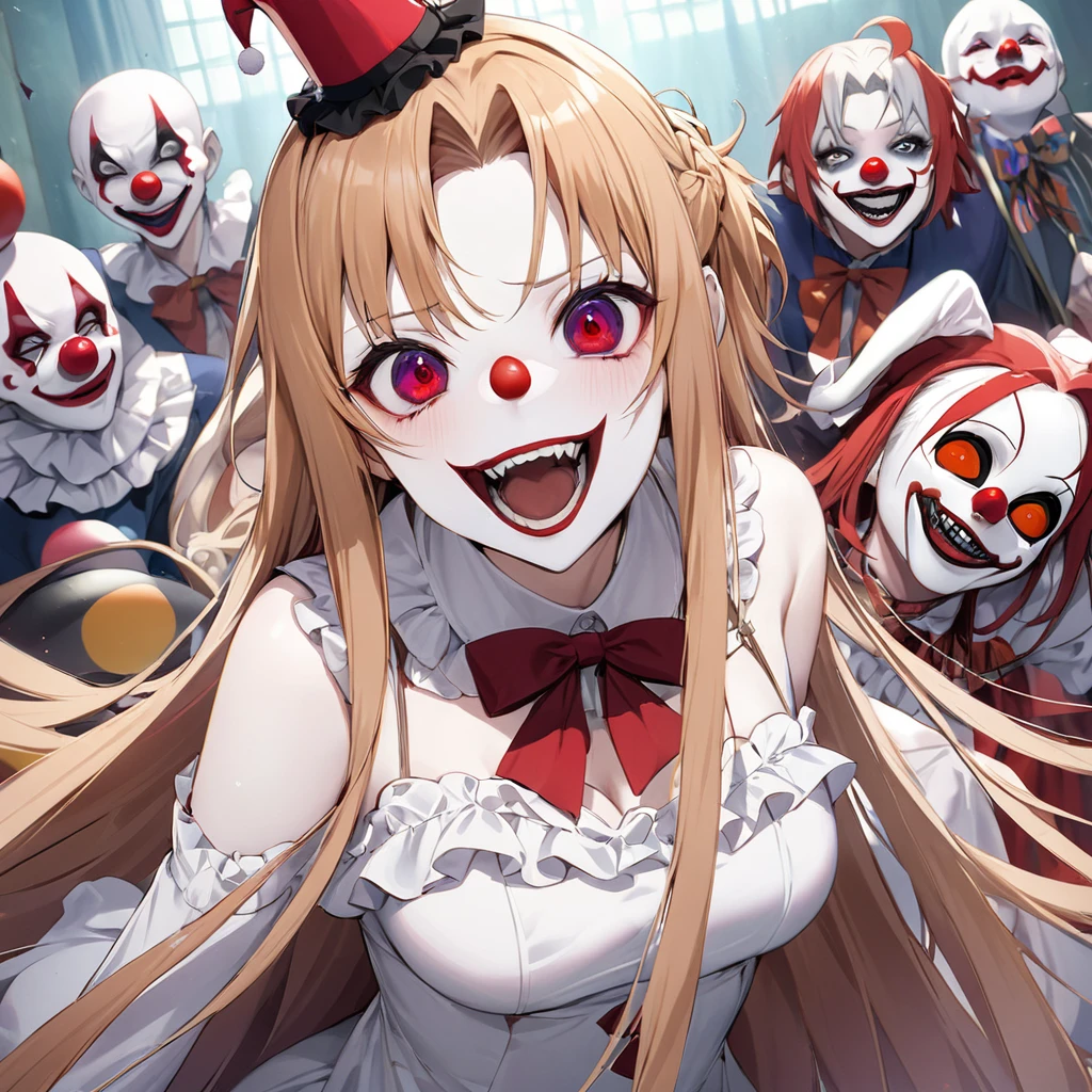 ((Highest quality)), ((masterpiece)), (detailed), (Perfect Face)、((The woman is Yuuki Asuna, with light brown, medium-long hair, pure white skin, and a creepy clown mask.))、The woman is dressed in a creepy clown costume, wearing a jester hat and has a creepy clown face with a red nose.、The woman is a creepy, evil, and lewd clown who has given her soul to an evil organization.、The evil circus troupe gathers together and the evil circus of hell begins.