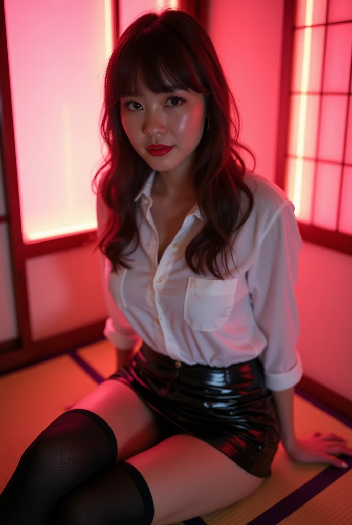 ((Japanese sexy idol))　Mature Woman　((Plump, bright red lips with lipstick))　Big Breasts　Chubby round face　Plump figure　((Brown hair with bangs))　((Looking into the camera))　Sit with your legs apart　((White button-up shirt with black patent leather tight skirt and black stockings))　Sweaty skin　　布団の上にSit with your legs apart　look down　((A bedroom with shoji and tatami mats lit up in pink neon lights))　