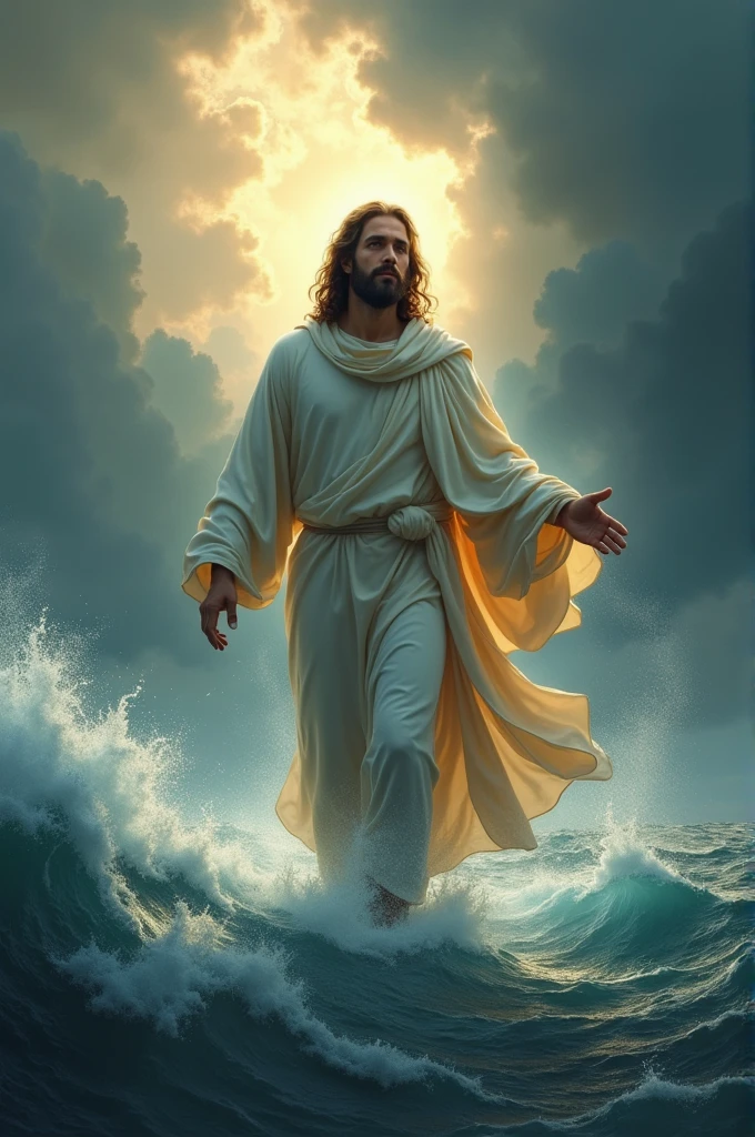  Jesus, calm and composed, walking on a stormy sea. His robes flutter slightly in the wind, while dark clouds gather in the sky, and the water swirls beneath Him. His outstretched hand beckons with compassion, radiating divine light.