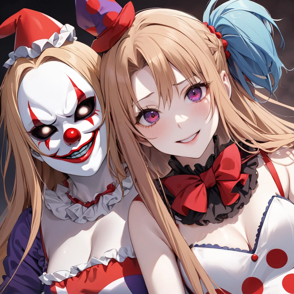 ((Highest quality)), ((masterpiece)), (detailed), （Perfect Face）、The woman is Yuuki Asuna, with light brown, medium-long hair and pure white skin.、The woman is an evil clown, wearing an evil clown costume, clown collar, clown jester hat, clown face makeup, and a red nose.、Women are evil clowns, minions of evil