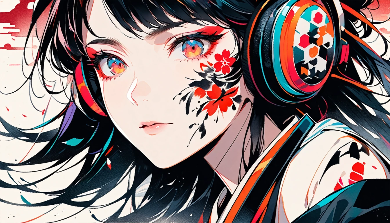 (((Ink Painting))), ((Japanese style headphones)), (((Japanese pattern tattoo on face))), Japanese sword, Magnificent hair ornament, Japanese, vividcolor, face close up